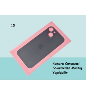 Tkgz - iPhone 15 Arka Pil Batarya Kapağı - Cam kapak Geniş Lens Deliği - SİYAH