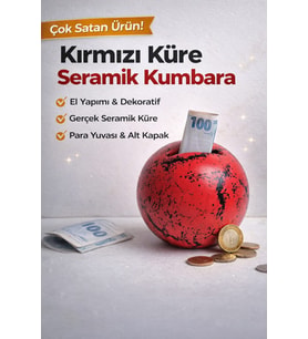El Yapımı Seramik Küre Kırılabilir ve Alt Kapaklı Tekrar Kullanılabilir Kumbara 12 cm (Siyah-A.Kırmızı)
