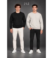 Biçomi Erkek 2’li Paket Yumuşak Şardonlu Termal Konfor Bisiklet Yaka Sweatshirt Seti (Siyah - Gri)