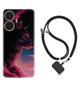 Realme C55 Kılıf Resimli Boyun Askılı İpli Desenli Silikon Wolf and Moon 1380