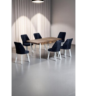 Sera Ceviz 80 x 132 Açılabilen MDF Masa Beyaz Metal Ayaklı Mutfak Masası 6 Siyah Sandalye