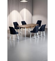 Sera Ceviz 80 x 132 Açılabilen MDF Masa Beyaz Metal Ayaklı Mutfak Masası 6 Siyah Sandalye