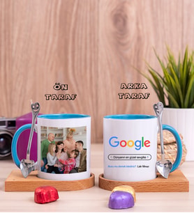 Sevgiliye Hediye Google Tasarım Fotoğraflı Ahşap Altlıklı Mavi Kupa