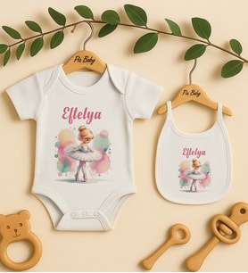 Pia Baby Premium %100 Pamuk İsme Özel Organik Baskılı Çıtçıtlı Bebek Body Ve Önlük 5044-20 (Ekru)
