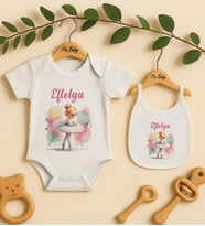 Pia Baby Premium %100 Pamuk İsme Özel Organik Baskılı Çıtçıtlı Bebek Body Ve Önlük 5044-20 (Ekru)