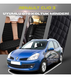 Renault Clio 3 Siyah Renk Tay Tüyü Cepli & Terletmez Sırtlı Oto Koltuk Minder Seti - Koltuk Koruma Kılıfı (ÖN & ARKA TAM SET)
