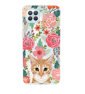 Oppo Reno 4 Lite Uyumlu Kedi ve Çiçek Desenli Şeffaf Telefon Kılıfı