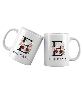 E Harfli Kişiye Özel İsimli Porselen Kupa Bardak – Çiçekli Monogram Harf Tasarımlı İsim Yazılı Kişiselleştirilebilir Hediye Kupa (Beyaz)