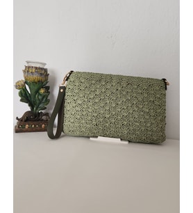 Shell Stitch Model,  Suni Deri Astarlı, Kağıt İp, Clutch  Çanta  Yeşil