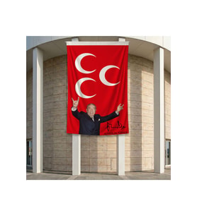 Kırmızı üç Hilal Önünde Alparslan Türkeş 140gr Premium Raşel Kumaş Bayrak 200x300cm