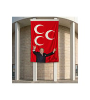 Kırmızı üç Hilal Önünde Alparslan Türkeş 140gr Premium Raşel Kumaş Bayrak 200x300cm