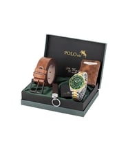 Polo Air Mercek Takvimli Erkek Kol Saati Cüzdan Kemer Çakmak Anahtarlık Gold Gümüş Yeşil Renk PL-7078E10 (Yeşil-Gold)