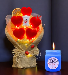 Led Işıklı Kırmızı Kalpler Buketi & Kokulu Mum Hediye Seti (Mavi)