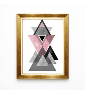 Tablore Modern Geometrik Pembe Gri Üçgen Desenli İskandinav Tarzı Gold Çerçeveli Kanvas Tablo