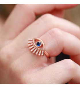 Mavi Göz Zirkon Taşlı Ayarlanabilir Rose Gold Kaplama Gümüş Yüzük
