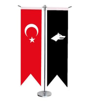 Masa Üstü Kırlangıç Siyah Göktürk + Türk Bayrağı + Krom T Direk Masa Bayrak Seti