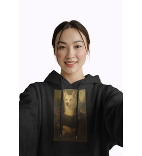 Kadın Mona Lisa Husky Baskılı Siyah Hoodie – 3 İplik Şardonlu Kapüşonlu Sweatshirt