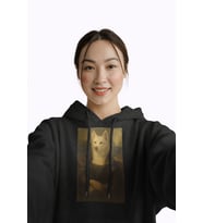Kadın Mona Lisa Husky Baskılı Siyah Hoodie – 3 İplik Şardonlu Kapüşonlu Sweatshirt