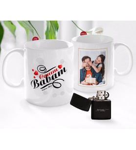 BK Gift Kişiye Özel Babalar Günü Hediyesi Fotoğraflı Kupa Bardak ve Benzinli Çakmak Seti-34 (Model 1)