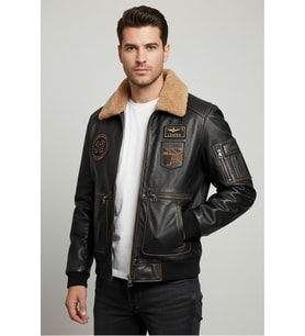 Aviator Siyah Armalı Hakiki Deri Erkek Bomber Mont