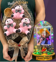 Kişiye Özel Renkli Led Işıklı Fanus ve Büyük Boy Pembe Ayıcık Buketi (Model 6)