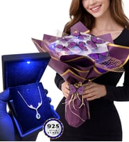 Renkli Led Işıklı Kelebek Buketi ve Işıklı Kutusunda 925 Ayar Gümüş Kolye (Model 1)