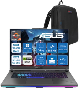 Asus Rog Strix G16 G614PH Amd Ryzen 9 8940HX Aı 96GB GB 512GB SSD+512GB SSD 8GB/RTX5050 Gddr7 115W 16" Wuxga 165Hz 300NİTS  Windows 11 Home Gaming Laptop WARV057H42+ZETTAÇANTA