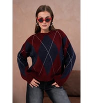 Kadın Bisiklet Yaka Baklava Desenli Triko Kazak 8490Sw (Bordo)