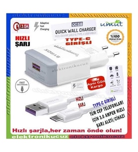 EU_32_LG Q7 Prime Uyumlu Type-C Girişli Hızlı Şarj Aleti Cihazı Adaptör+Kablo 3.0A Q32