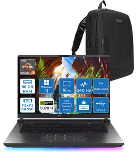 Asus Rog Strix G16 G614FR-S5111 Amd Ryzen 9 9955HX Aı 96GB GB 512GB SSD+512GB SSD 12GB/RTX5070Tİ Gddr7 140W 16" 2.5k 2560X1600 Wqxga 240HZ 3ms 500NİTS WINDOWS11HOME Gaming Laptop WS5111H42+ZETTAÇANTA