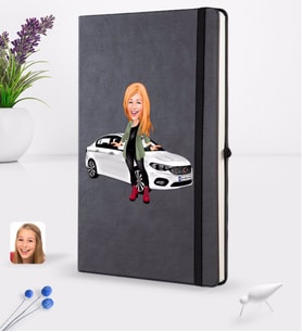 BK Gift Kişiye Özel Plakalı Kadın Fiat Egea Karikatürlü Siyah Termo Deri Defter 16x24cm Model 1
