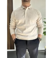 Erkek Düğmeli Polo Yaka Kazak Bej Edw231