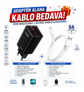 Schitec GaN 65W Ultra Hızlı Şarj Cihazı 3 Çıkışlı Hızlı Şarj Aleti Başlığı ve 67W UsbA to Lightning Data ve Hızlı Şarj Kablosu 1M Beyaz HEDİYE