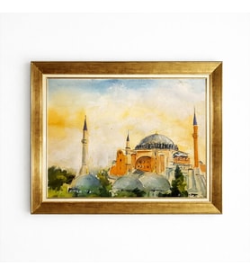 Tablore İstanbul Ayasofya Camii Manzaralı Altın Çerçeveli Suluboya Dokulu Salon Tablosu