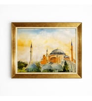 Tablore İstanbul Ayasofya Camii Manzaralı Altın Çerçeveli Suluboya Dokulu Salon Tablosu