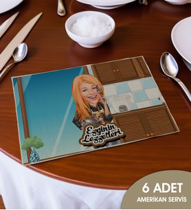 BK Gift Kişiye Özel Karikatürlü 6’li Keten Amerikan Servis Seti-1, Ev Hediyesi,Baskılı Servis Bezi, Mutfak Dekoru