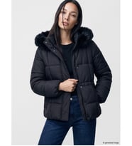 LCW EVERYDAY Siyah Kürk Kapüşonlu Oversize Kadın Şişme Mont