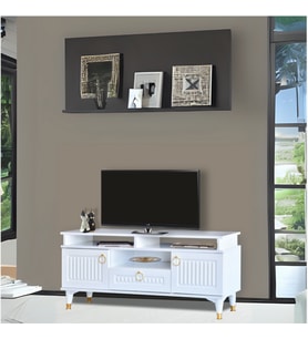 Pera Tv Sehpası 2 Kapaklı 1 Çekmeceli Beyaz Gold Detaylı 130x59x36 Cm