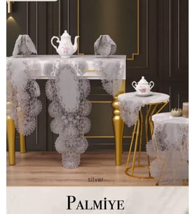 Keten Palmiye Model Gri 5 Parça Runner Seti Masa Örtüsü Salon Takımı