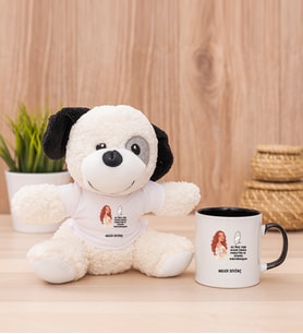 Kişiye Özel Az Önce Aşık Oldum Tasarım Esprili Peluş Köpek ve Siyah Kupa