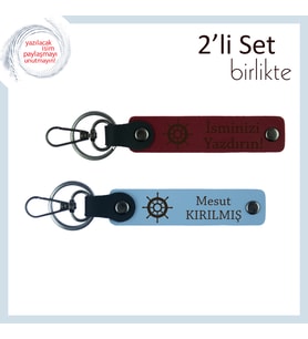 Rotasını Kaybetmeyenlere, Kişiye Özel Gemi Dümeni Deri Anahtarlık Seti, Bordo-Gök Mavi