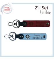 Rotasını Kaybetmeyenlere, Kişiye Özel Gemi Dümeni Deri Anahtarlık Seti, Bordo-Gök Mavi
