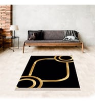 Geometrik Desenli Gold Çerçeve Dijital Baskı Yıkanabilir Kaymaz Taban Modern Salon Halısı ve Yolluk (Siyah)