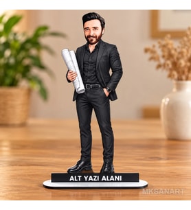 Kişiye Özel Erkek Mimar Siyah Takim Karikatürlü 18 cm MDF Masaüstü Biblo - Erkek Mimar Siyah Takim Hediyesi Mühendise ve Teknik Meslek Sahibine Hediye