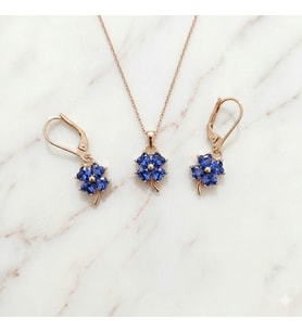 925 Ayar Papatya Silver Tanzanit Taşlı Yonca Kolye Küpe Set.rose.gold.rodaj