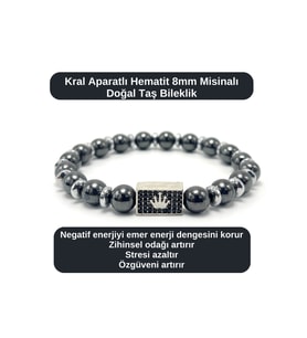 SERTİFİKALI Zirkon Kral Aparatlı Hematit - 8mm Doğal Taş Misinalı Bileklik