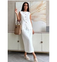 Neşeli butik kadın keten etek yelek alt üst ikili takım NBEMP1072