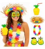 4 Parça Hawaii Parti Seti Ananas Bardak Hasır Şapka okado Gözlük Çiçek Kolye