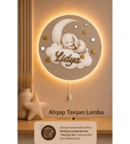 Ahşap Aylı Tavşan Lamba İsme Özel Pilli Ledli Gece Lambası Bebek Çocuk Odası