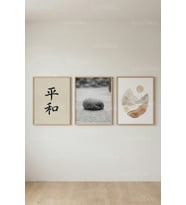 Zen Minimal Japanese Calm 3’lü Ahşap Çerçeveli Tablo Seti